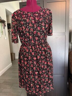 American Rag Black Mini Lace Dress with Red Floral Pattern